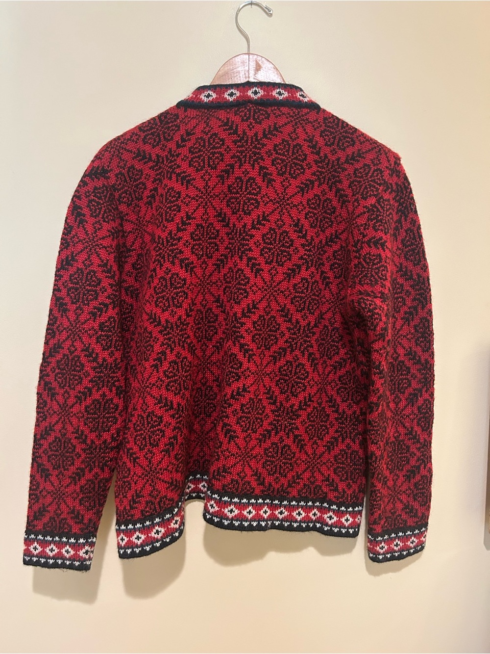 L.L. Bean Merino Wool Nordic Fair Isle Cardigan Sweater Red Black Women M 0UF39 - Picture 3 of 7